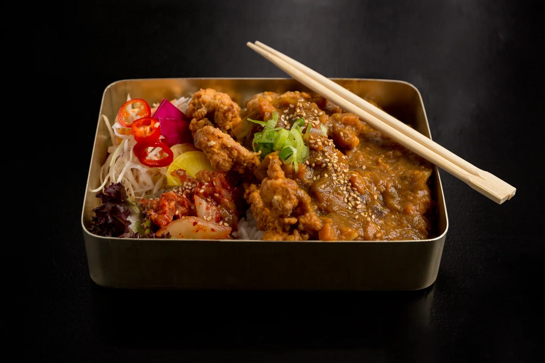 Korean curry rice with fried chicken and kimchi